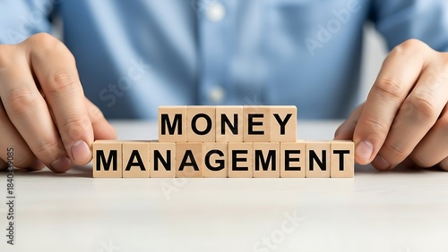 Businessman arranges wooden blocks spelling money management for financial planning concept