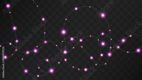 Elegant tangled purple LED garland with varied bulb sizes and soft glowing light on a dark checkered background. Perfect festive decoration for holiday and seasonal designs.