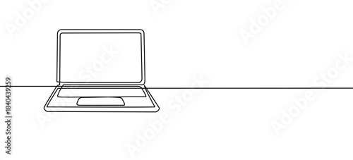 Laptop minimali continuous one line art style on white background for office work, education, learning, programming, online shoping