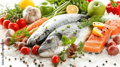 Fresh Seafood and Colorful Vegetables Displayed on a White Background