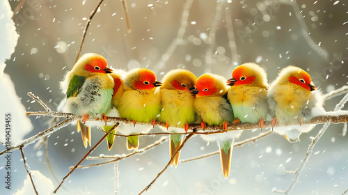 Colorful Tiny Birds Sitting on Branch in Snowy Winter Landscape
