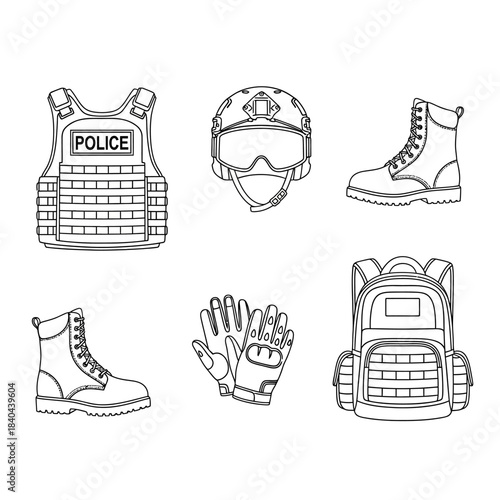 Police tactical gear illustration, showcasing protective equipment and accessories.