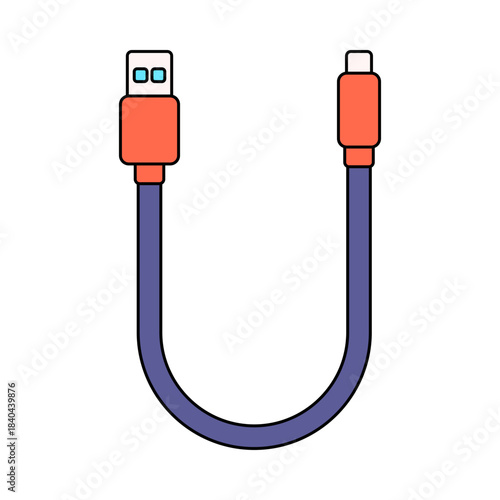 USB Cable Flat design style, dual connector cable, useful for tech accessory visuals, connection diagrams, and digital transfer designs.
