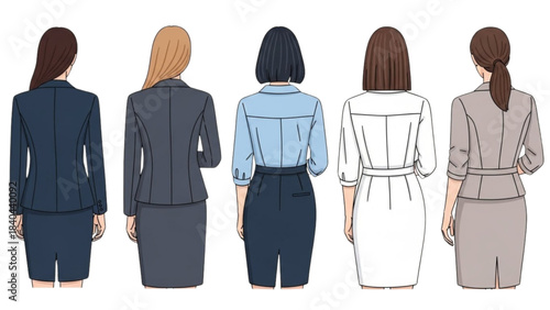 Illustration of a diverse businesswomen team from behind on black background