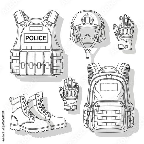 Police Tactical Gear and Equipment Collection Illustration.