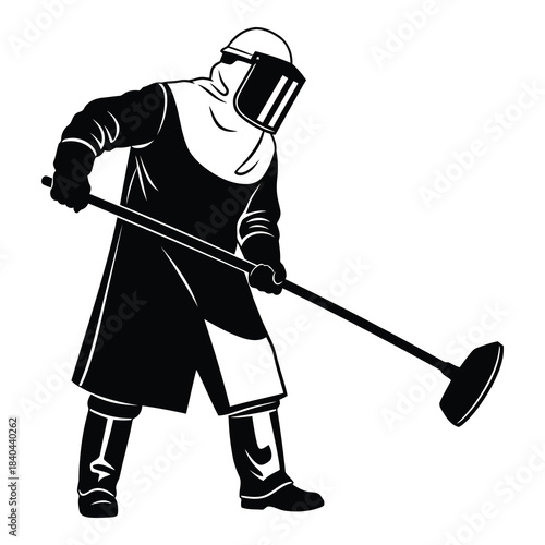 Worker in protective suit operating longhandled tool isolated on