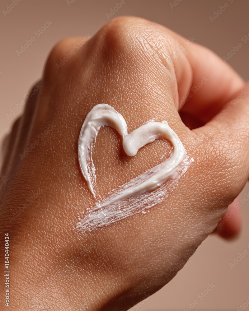Fototapeta premium Hand with skincare cream heart shape on skin