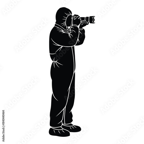 Photographer in hazmat suit taking picture isolated on