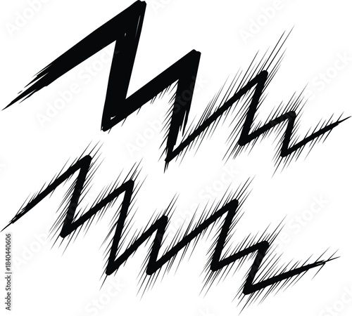 Abstract black zigzag lines with a distressed scratchy texture on a white background.