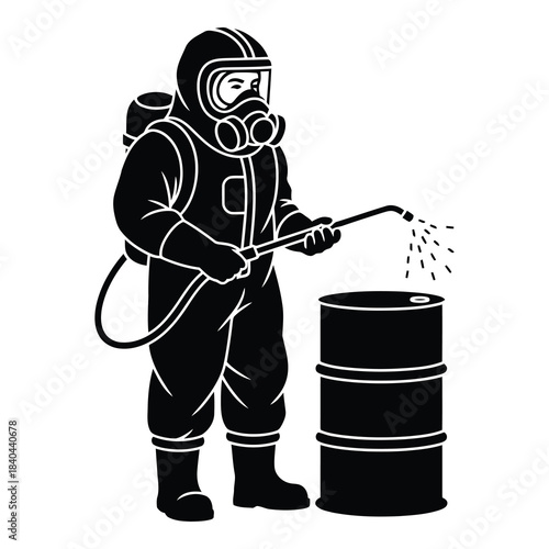 Pest control worker in hazmat suit spraying chemical from barrel icon