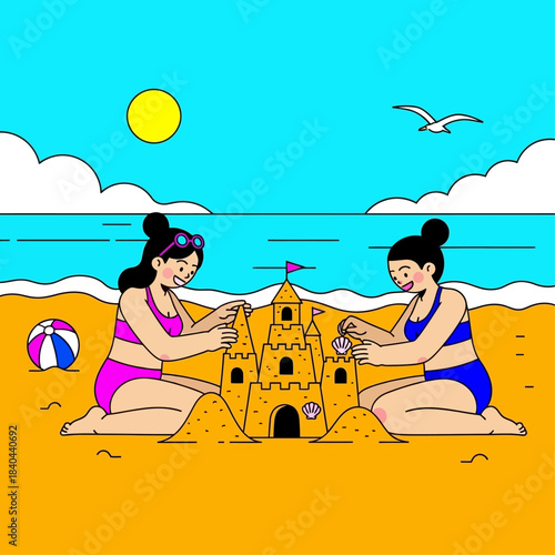 Friends enjoying a sunny beach day, collaborating to build an elaborate sandcastle masterpiece by the ocean