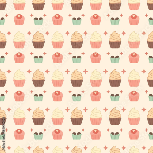 Delightful seamless pattern with cute cupcakes and stars for sweet celebrations and bakery backgrounds