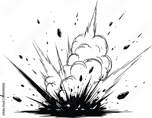 Explosion comic book style black and white illustration.