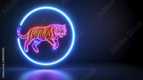 Vibrant neon tiger design illuminated in circular frame, showcasing dynamic and energetic expression