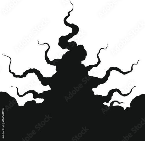 Silhouette of a gnarled twisted tree with dark ominous branches against a stark white background.