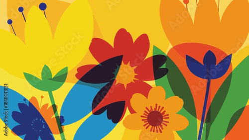 Vibrant abstract floral pattern background with overlapping bright colors and modern stylized garden shapes