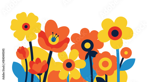 Vibrant abstract floral border design featuring stylized orange and yellow flowers with blue accents