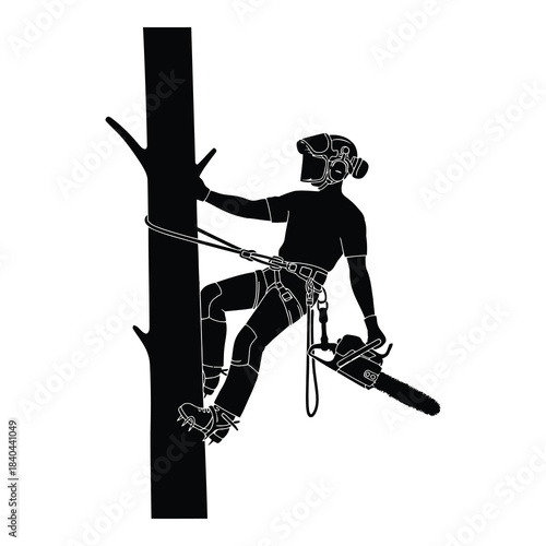 Arborist climbing tree with chainsaw silhouette illustration