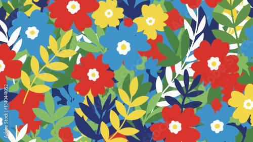 Vibrant seamless floral pattern featuring bold red blue and yellow flowers with lush green foliage