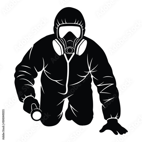 Worker in full protective hazmat suit and gas mask, silhouette