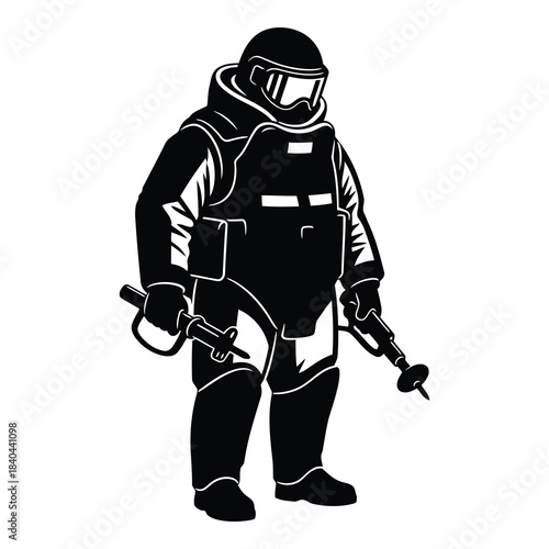 Eod bomb disposal technician in full protective suit holding tools