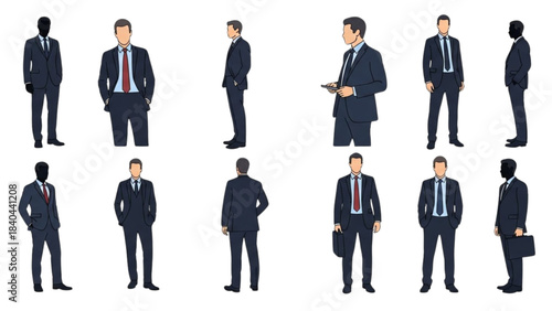 Collection of Illustrated Businessmen Poses from Multiple Angles on Black