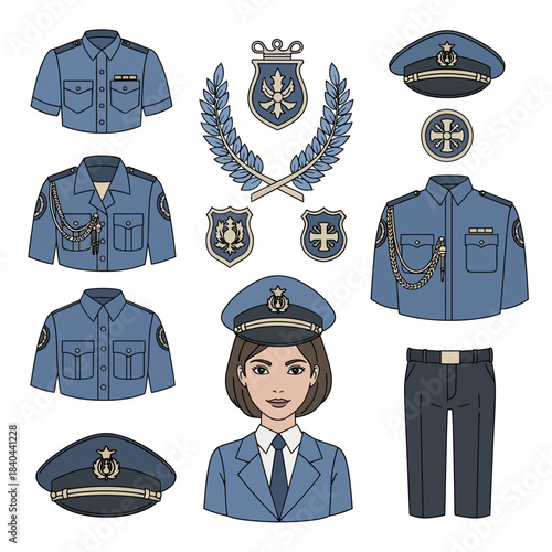 Police Uniform Set with Female Officer Illustration.