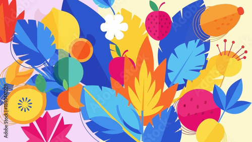 Vibrant flat design tropical fruit and foliage pattern background with bold colors for summer