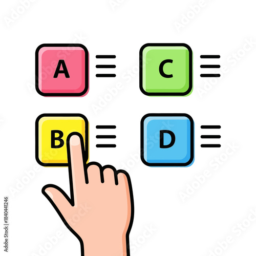 Interactive Selection Process Demonstration with Colorful Option Buttons and Hand Cursor Icon for User Experience Design