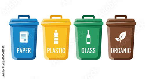 Colorful Bins, Eco-Friendly Practices, Urban Setting, Illustration, Clean Environment, Informative Perspective