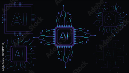 Stunning collection of glowing artificial intelligence chip icons set against a deep dark background.
