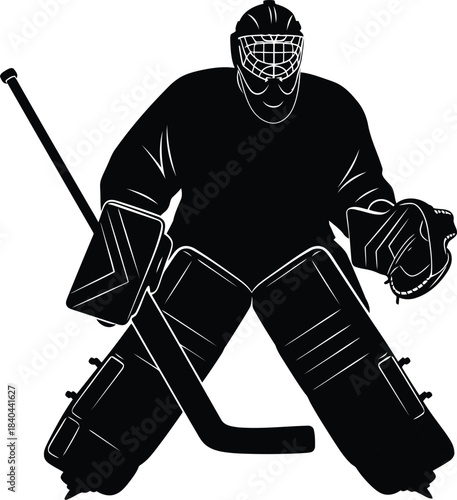 Ice hockey goalie silhouette in ready stance with stick