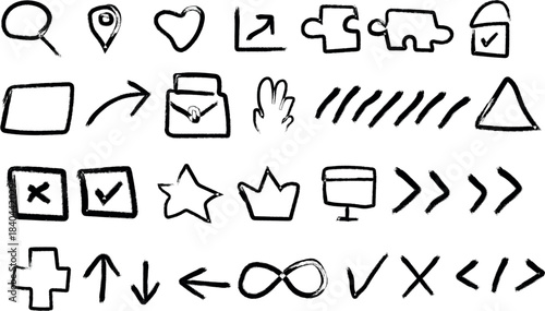 Hand drawn collection of black and white simple line icons
