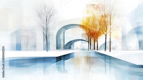 Serene landscape featuring ephemeral architecture, trees, and reflections in water, evoking tranquility and modernity