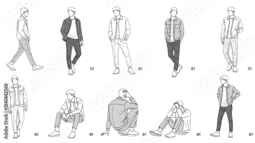 Collection of male figure illustrations in various casual poses. Line art design set.