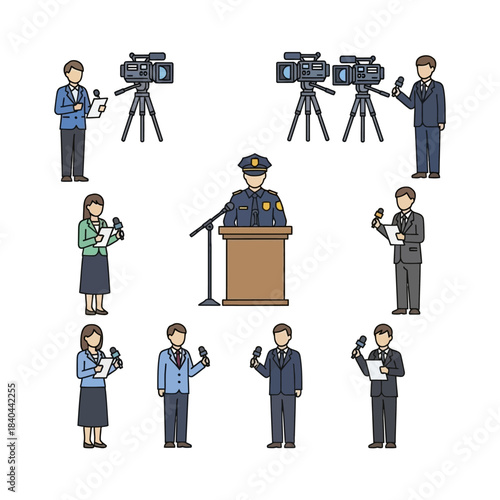 Press conference with police officer and reporters.