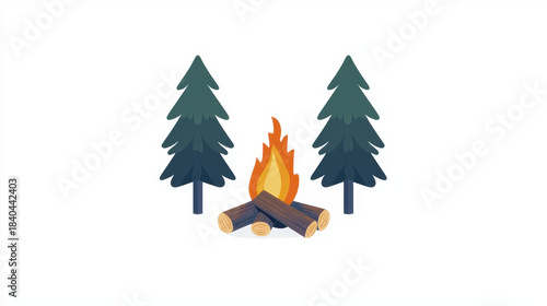 Flat graphic logo of campfire surrounded by evergreen trees, evoking sense of adventure and nature