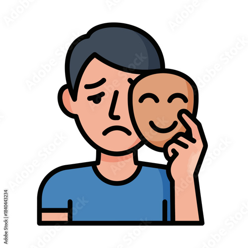 Emotional Struggle Revealed by Man Holding a Happy Mask in Front of Sad Face, Isolated Studio Portrait, Psychological Concept