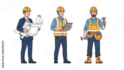 Trio of Construction Professionals: Engineer, Supervisor, and Builder Illustration