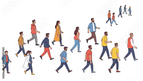 Vector illustration of a diverse crowd of people walking in an endless procession.