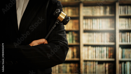 Professional woman holding judge gavel inside law library,  legal authority, dispute resolution, client counseling, the essential responsibilities of licensed attorneys in delivering justice.