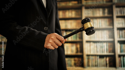 Professional woman holding judge gavel inside law library,  legal authority, dispute resolution, client counseling, the essential responsibilities of licensed attorneys in delivering justice.