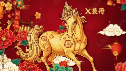 Festive golden horse celebrating chinese new year 2024 with clouds and flowers