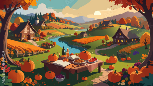 Village in the green mountain valley with rural houses, forest, meadow, and clouds in the autumn sky