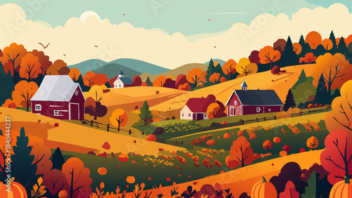 Village in the green mountain valley with rural houses, forest, meadow, and clouds in the autumn sky