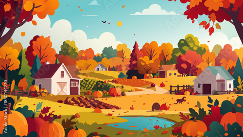 Village in the green mountain valley with rural houses, forest, meadow, and clouds in the autumn sky