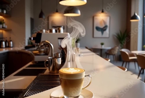Hot espresso drink on cafe table or bar interior with coffee machine and breakfast foodHot espresso drink on cafe table or bar interior with coffee machine and breakfast food