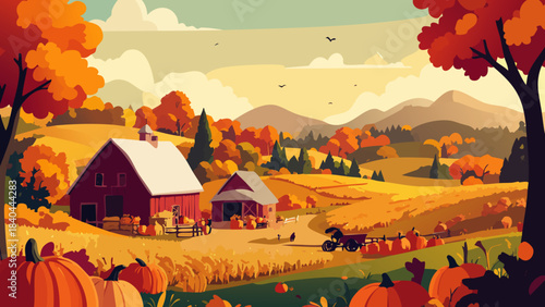 Village in the green mountain valley with rural houses, forest, meadow, and clouds in the autumn sky