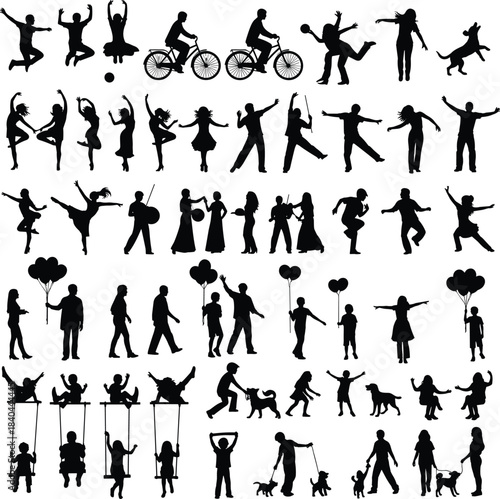 Human silhouette grid showing dynamic activities, walking, dancing, biking, jumping, swinging, pet interaction, expressive motion poses for design, flat vector