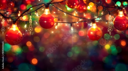 Festive Christmas Ornaments and Colorful Bokeh Lights